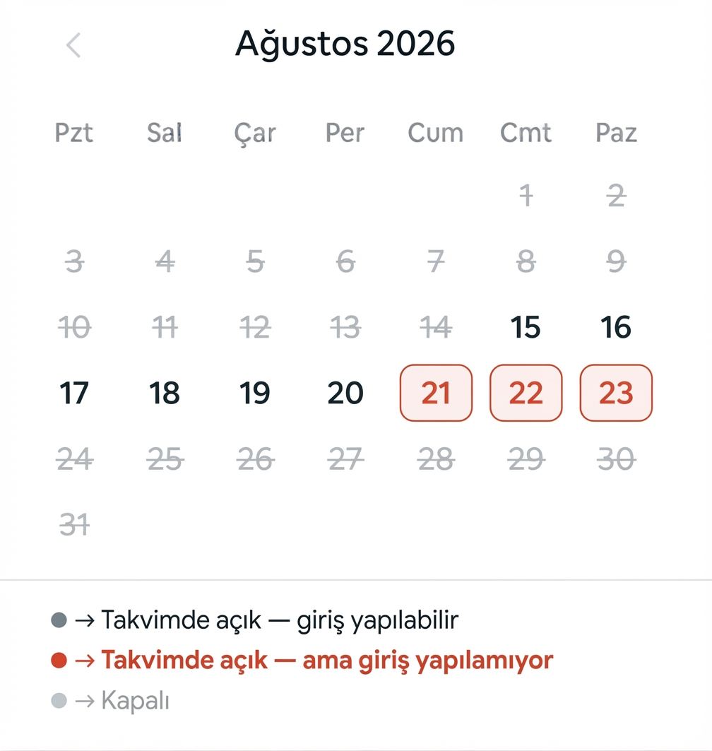 3 gece minimum konaklama kuralı yüzünden 21, 22 ve 23 Ağustos giriş günü olarak satılamıyor